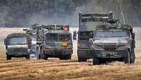 Mehrere Fahrzeuge der Bundeswehr fahren im Gelände