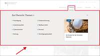 Die Subnavigation zum Hauptnavigationspunkt "Themen" ist rot umrandet