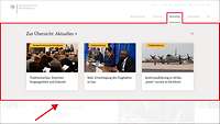 Die Subnavigation zum Hauptnavigationspunkt "Aktuelles" ist rot umrandet