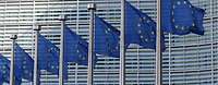 Mehrere Europaflaggen wehen an Masten vor einem Gebäude
