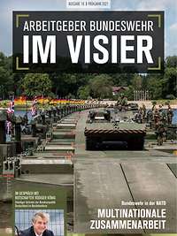 Magazin-Cover mit dem Text „Arbeitgeber Bundeswehr – Im Visier “, dahinter Soldaten und Fahrzeug auf einer Schwimmbrücke