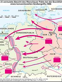 Eine Karte zeigt das geteilte Deutschland (BRD und DDR) und seine angrenzenden Länder mit Pfeilen und Markierungen
