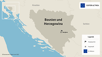 Eine geografische Karte, im Mittelpunkt befindet sich Bosnien und Herzegowina.