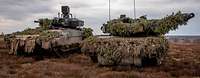 Ein Schützenpanzer Puma und ein Kampfpanzer Leopard 2A7V stehen zusammen im Gelände