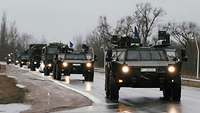 Auf einer Straße fahren mehrere Fahrzeuge der Bundeswehr im Konvoi.