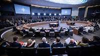 Ein großer, runder Tisch erstreckt sich in einem Konferenzsaal der NATO, viele Personen sitzen dort und besprechen sich.