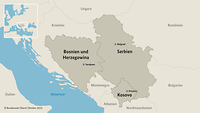 Eine Landkarte, auf der Bosnien und Herzegowina, Serbien sowie Kosovo eingezeichnet sind