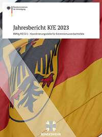 Cover einer Broschüre mit dem Titel „Jahresbericht KfE 2023“ und Foto der Deutschlandflagge